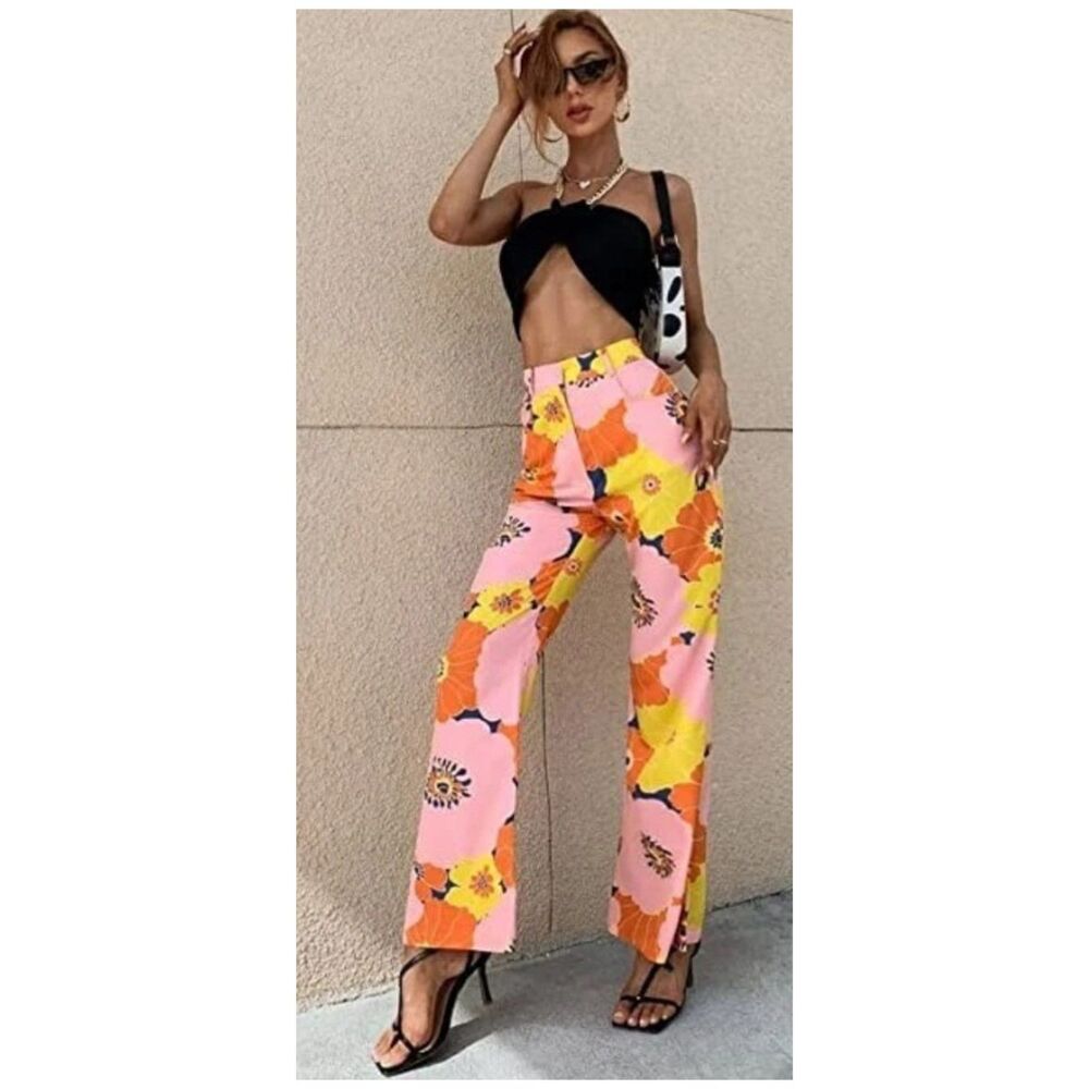 ZARA Orange Pink Floral Flared Leg High Rise Retro Pants